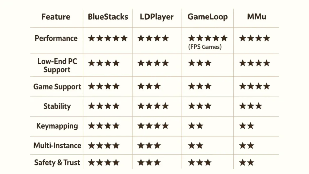 Comparison table of Android emulators — BlueStacks, LDPlayer, GameLoop, MEmu, and MuMu — showing ratings for performance, low-end PC support, game compatibility, stability, keymapping, multi-instance features, and safety in 2025.